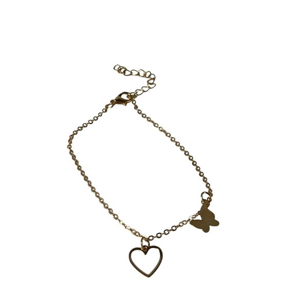 Goldtone Butterfly and Heart Charm Bracelet Anklet 8 - 10 inches Long - Picture 2 of 3